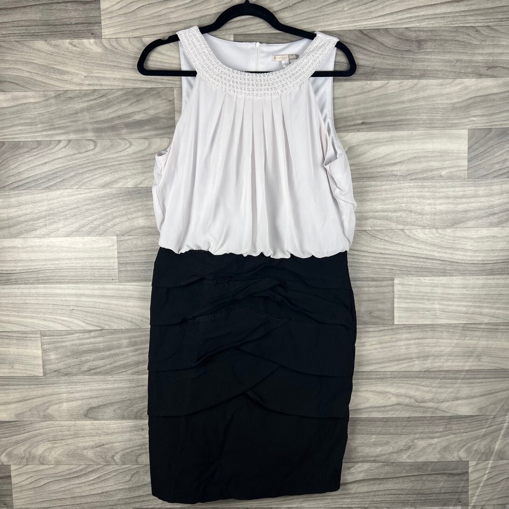 Dress Barn Signature‎ Holly Blouson Dress 14 White Black Pleats Beaded Stretch